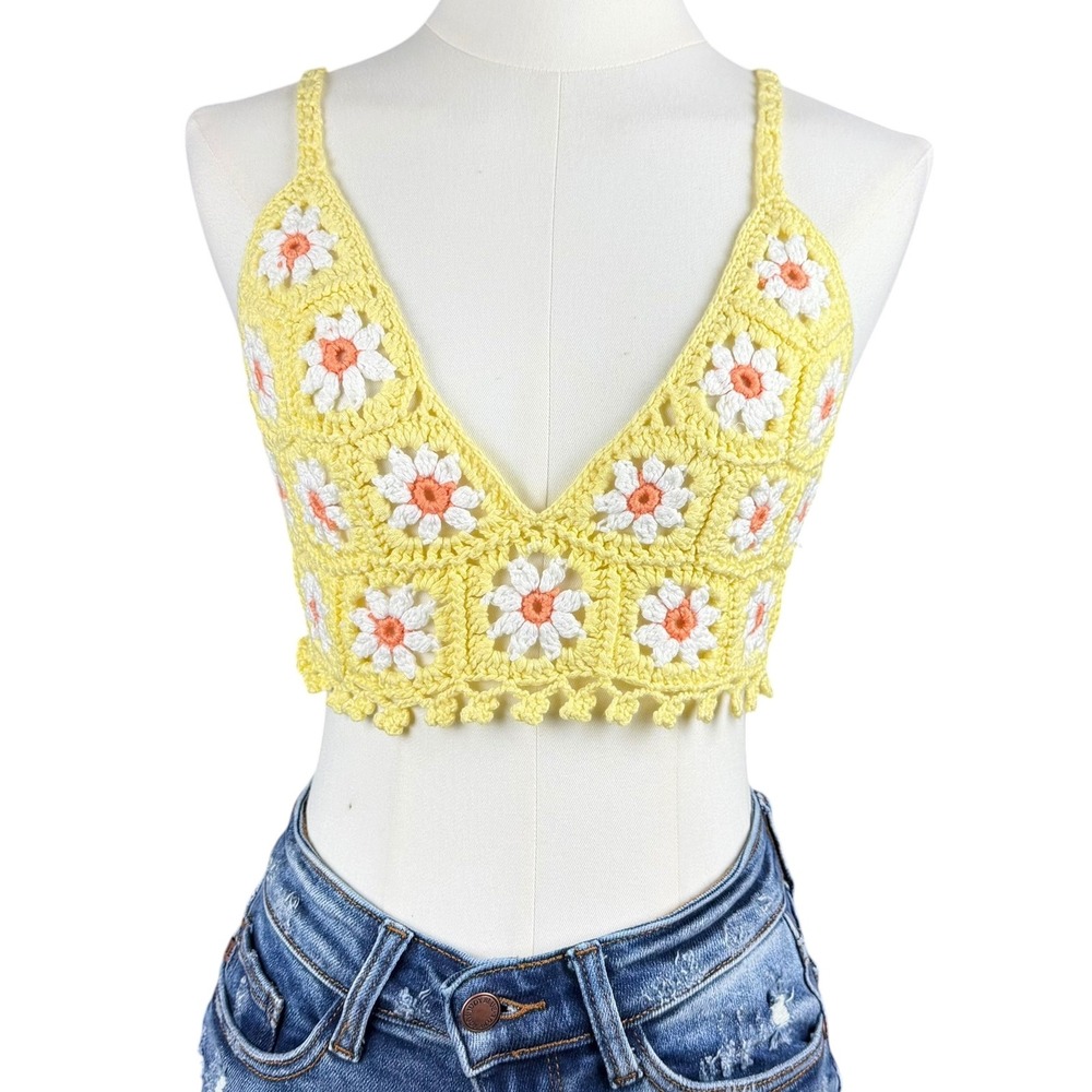 Crochet Crop Top Daisy Granny Square Yellow Large Boho Festival Boho Hippie